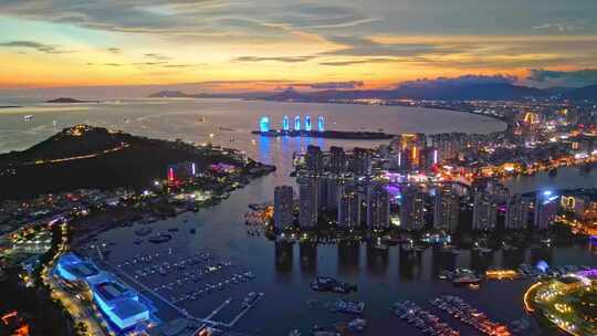 海南三亚三亚湾日落自贸港城市夜景唯美