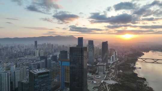 福州CBD航拍夕阳河流