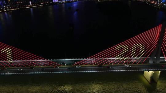 湖南长沙三汊矶大桥夜景灯光航拍