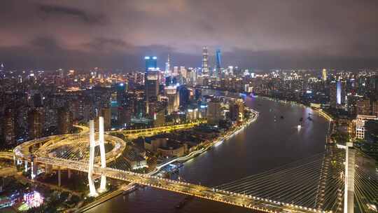 航拍大范围延时上海南浦大桥夜景车流