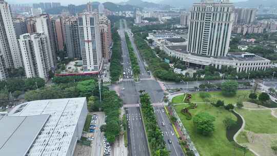 江门发展大道航拍城市道路建筑风光