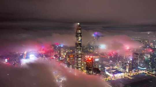 云海中的深圳城市夜景航拍