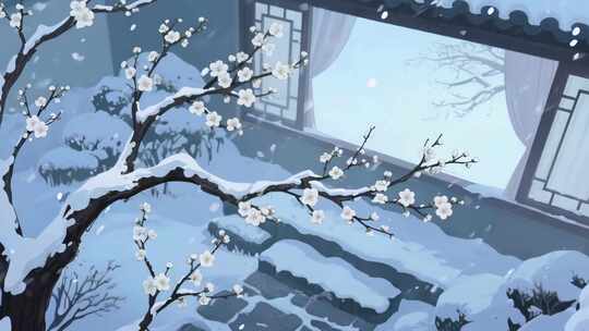 古风庭院雪景与梅花画面