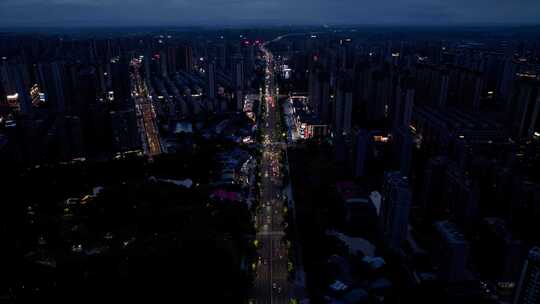 航拍现代繁华城市建筑主干道车流夜景