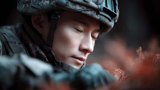 亚洲士兵目光坚毅隐蔽丛林之中