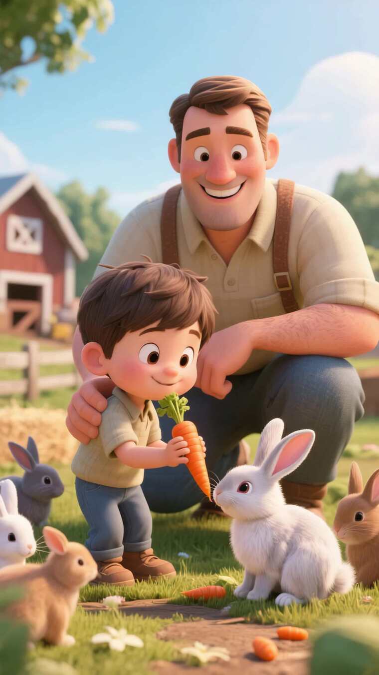 父亲节父子农场喂兔子卡通画面