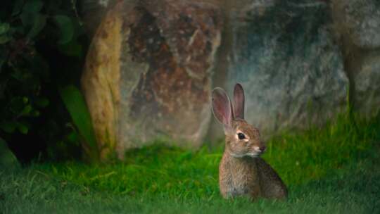 草丛上不动呆望的兔子
