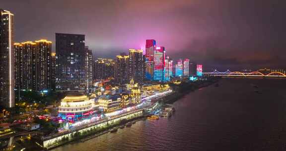 4k长沙湘江雨天夜景灯光秀航拍