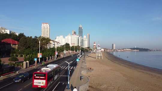 航拍山东烟台海岸线日出沿海风景