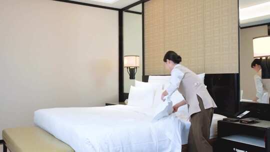 精品 · 实拍酒店客房服务整理床单