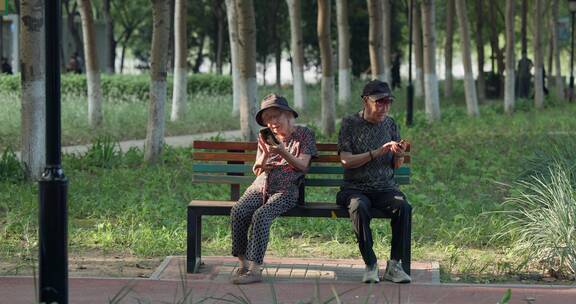 幸福的老年夫妇在公园一起看手机聊天