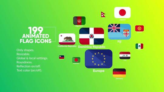 199个国家旗帜动画图标AE视频素材教程下载