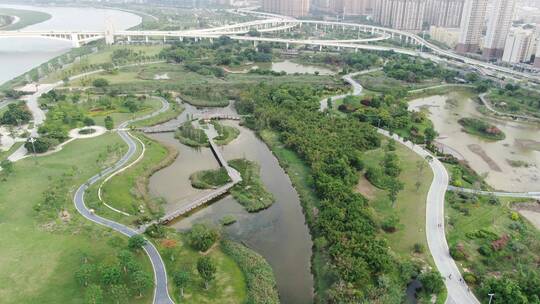 航拍福建泉州晋江风光带江南公园