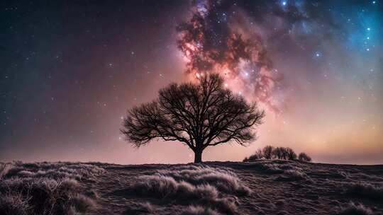 旷野孤树与星空美景