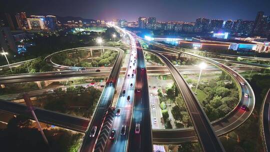 航拍夜晚杭州滨江时代大道高架中兴立交夜景