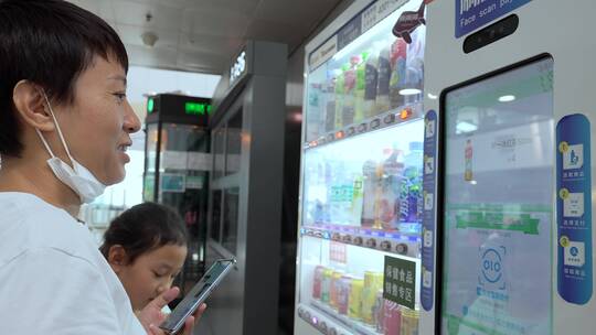 使用电子支付在贩卖机上购物的母女视频素材模板下载