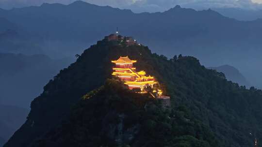 航拍秦岭山南五台寺庙日落夜景灯光