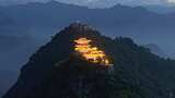 航拍秦岭山南五台寺庙日落夜景灯光高清在线视频素材下载