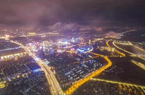 航拍扬州明月湖商圈夜景延时平流雾云层延时