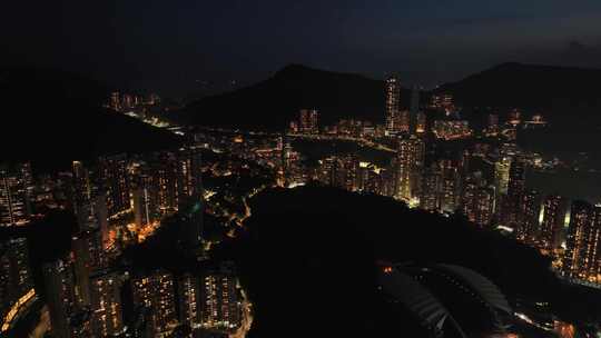 无人机航蓝调时刻香港城市夜景风光