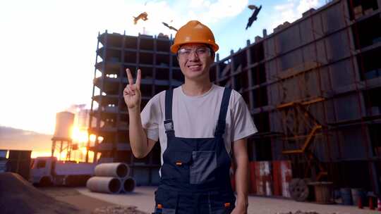 亚洲男子工人在建筑工地向镜头展示和平手势