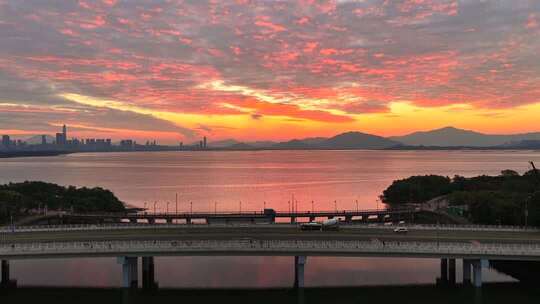 航拍日出时分深圳湾城市景观