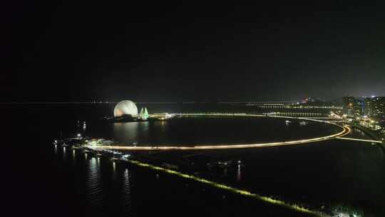 珠海日月贝夜景航拍夜晚珠海大剧院珠海地标