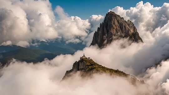 云雾缭绕的山峰与山顶建筑