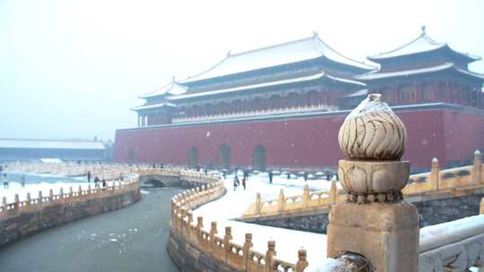 北京下雪中的故宫博物院