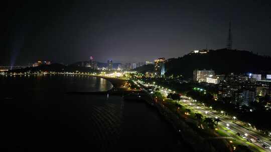 广州珠海日月贝大剧院情侣路海滩夜景航拍