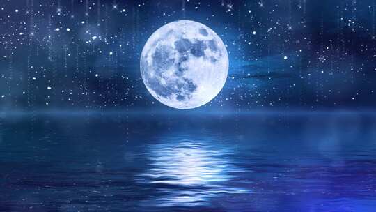 唯美大海上升月亮白月光蓝色夜空圆月视频素材模板下载