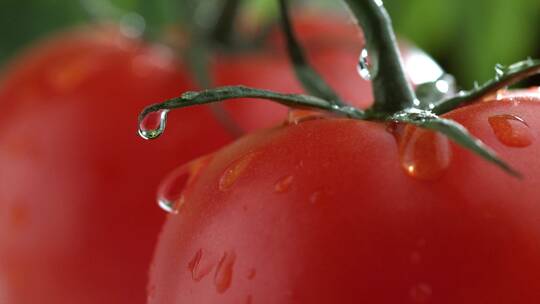 水滴滴在红色番茄上瞬间