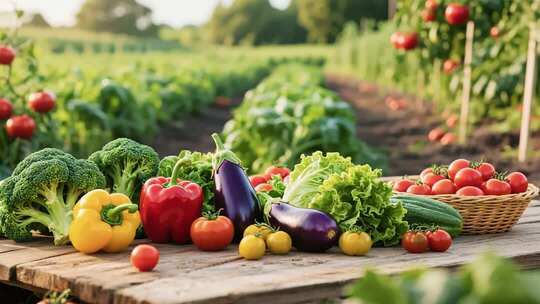 田园风木桌上摆放的新鲜蔬菜