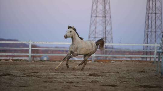 农业养殖马场白色的马在马场奔跑视频素材模板下载