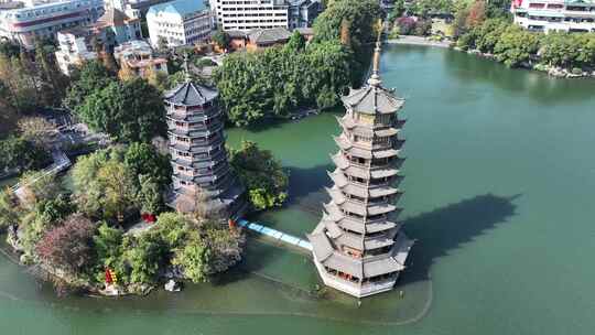 航拍广西省桂林市桂林日月双塔文化公园