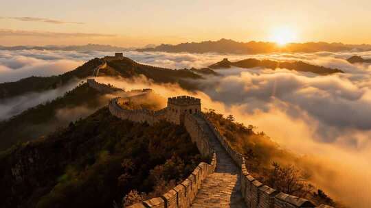 航拍长城云海日出壮丽山河风光视频