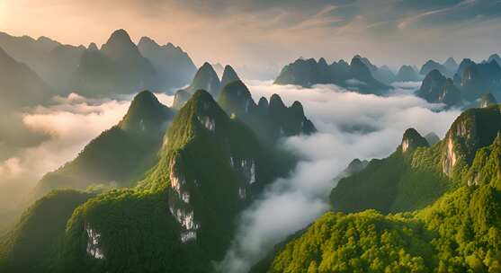 桂林山水合集山峰云海群山云雾缭绕自然风景