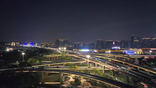 航拍城市立交桥夜景车流