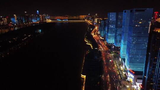 航拍湖南长沙湘江路夜景交通长沙夜景