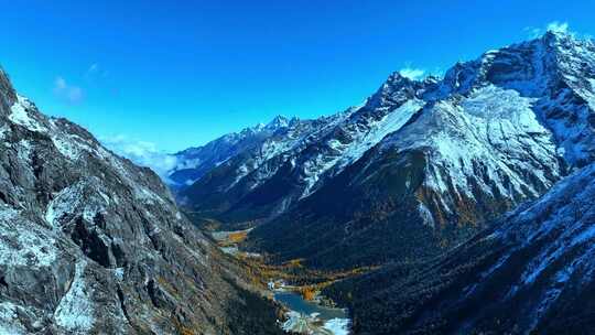 雪山下多彩树林与湖泊相映的美景