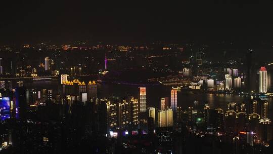 武汉江滩航拍夜景灯光秀长江两岸电视台