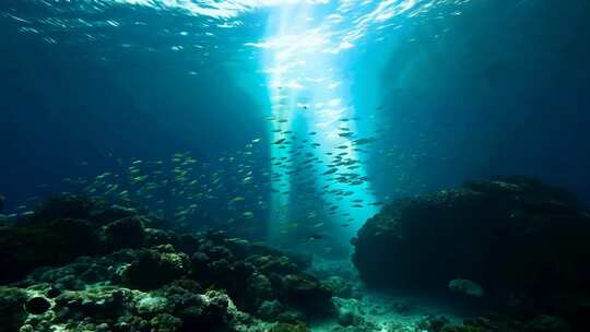 4k阳光透过海面大海里的鱼群海洋生物