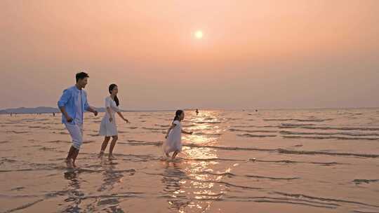 一家人海边看日落 一家人海边散步 海边奔跑视频素材模板下载
