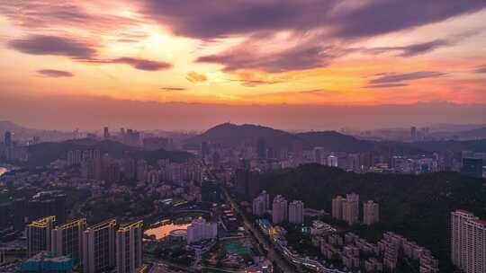 珠海吉大市区晚霞晚高峰航拍延时