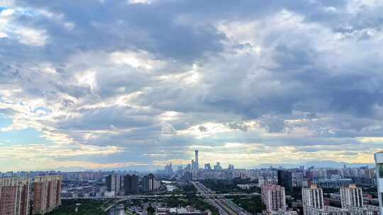 中国北京夏季国贸CBD城市天际线夕阳晚霞