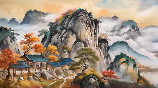 中国风秋日山水层次感丰富的山脉动画