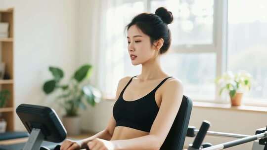 女性室内使用健身器材锻炼