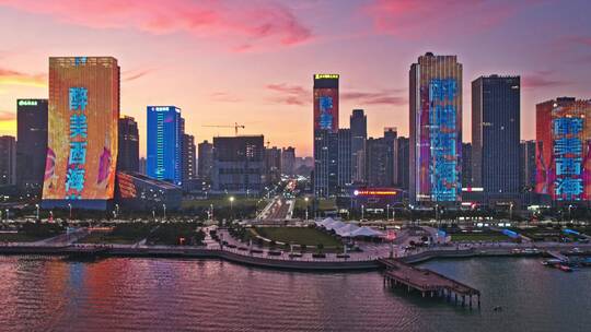 青岛西海岸新区夜景唐岛湾夜景视频素材模板下载