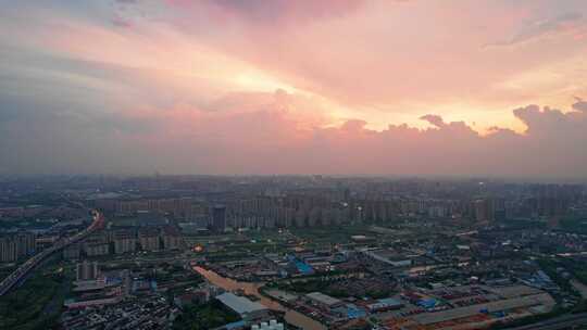 江苏常州城市风景黄昏天空晚霞航拍