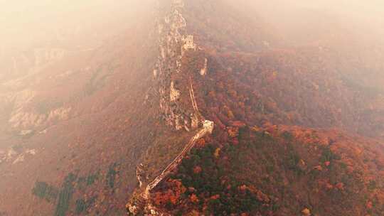 北京秋天司马台长城群山红叶大气航拍